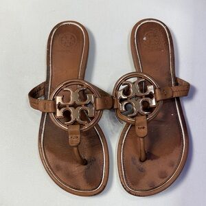 Tory Burch Brown Leather Logo Thong Sandals with Metallic Logo